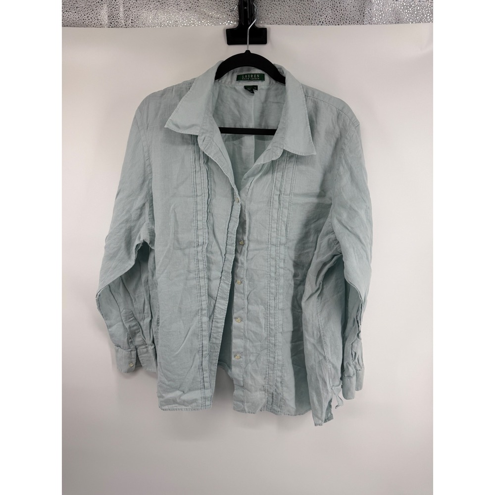 Lauren Ralph Lauren Womens Light Blue Linen Pintuck Shirt Plus Size 3X